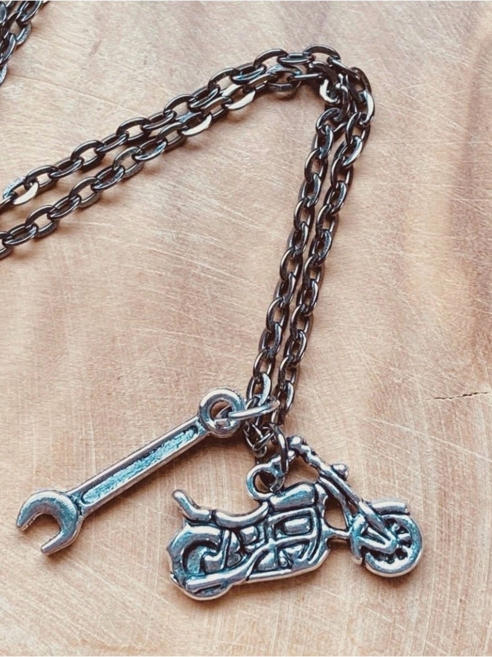Silver Motorcycle & Wrench Charm Necklace